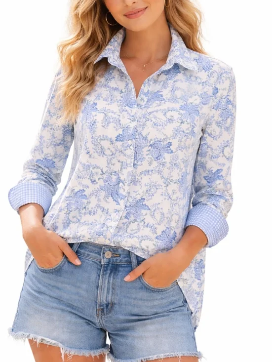 Womans Blue Floral Button Up Shirt 100% Cotton Lightweight Paisley Classic Chaps - Picture 1 of 13